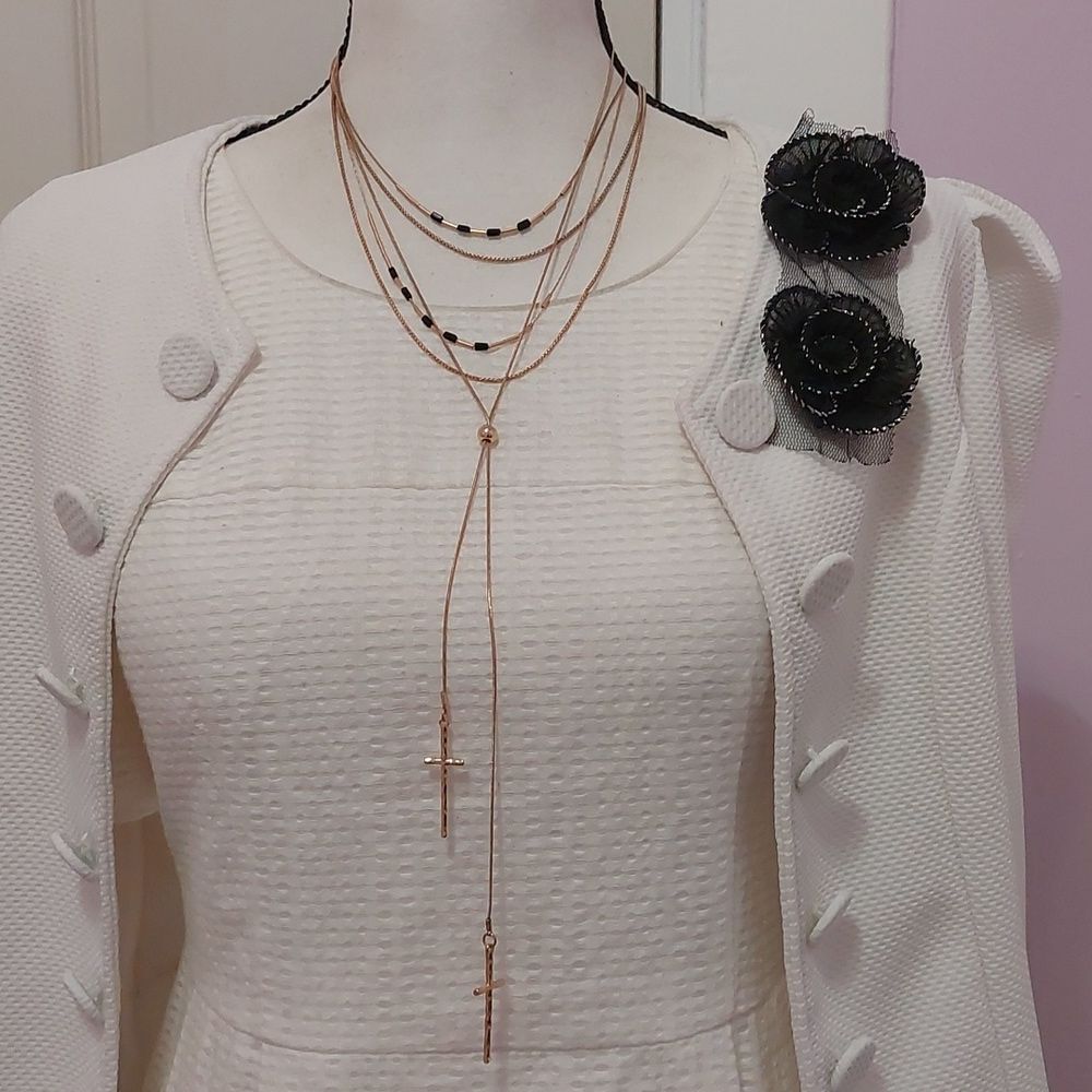 Trendy Chic Multilayered Double Cross Pendant Bolo Statement Necklace Gold Tone - Picture 7 of 7